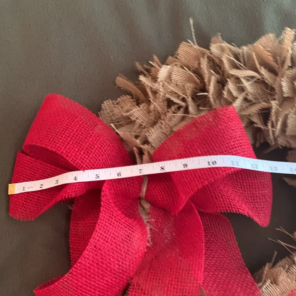Brand new handcrafted rustic natural and red burlap wreath. Approx 22” w/ bow - Picture 4 of 6